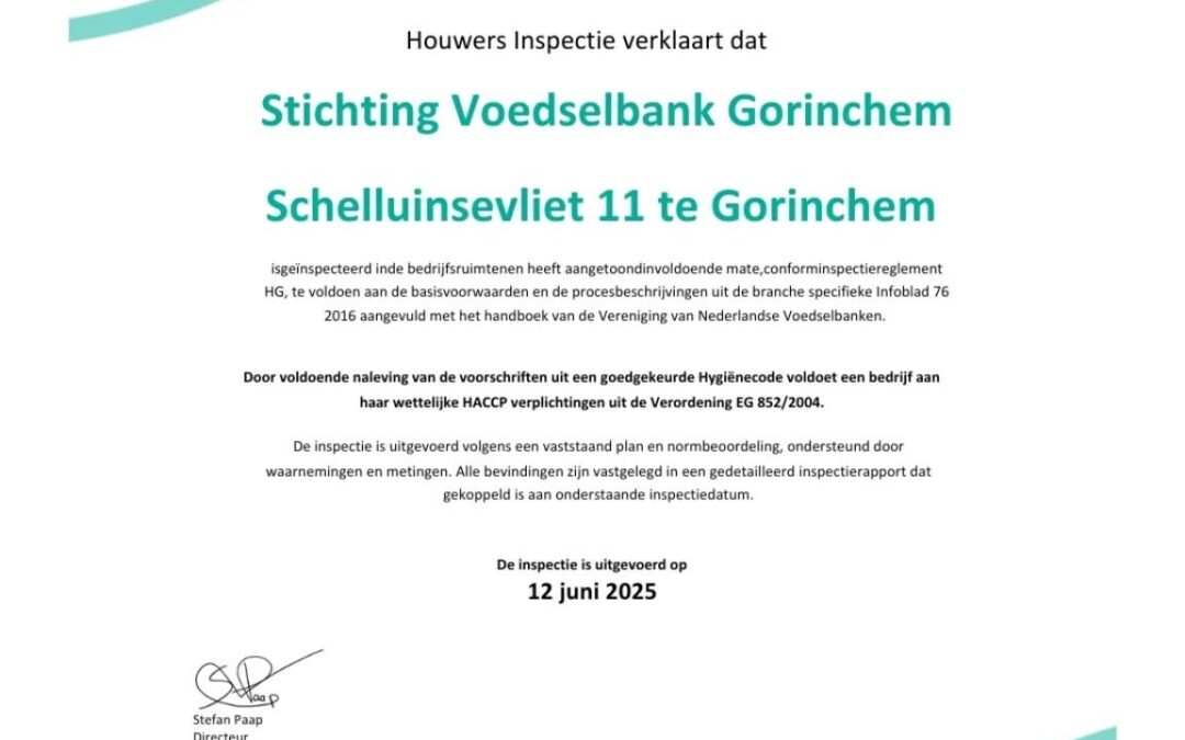 Voedselbank Gorinchem behaalt opnieuw 100% score op voedselveiligheid