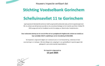 Voedselbank Gorinchem behaalt opnieuw 100% score op voedselveiligheid